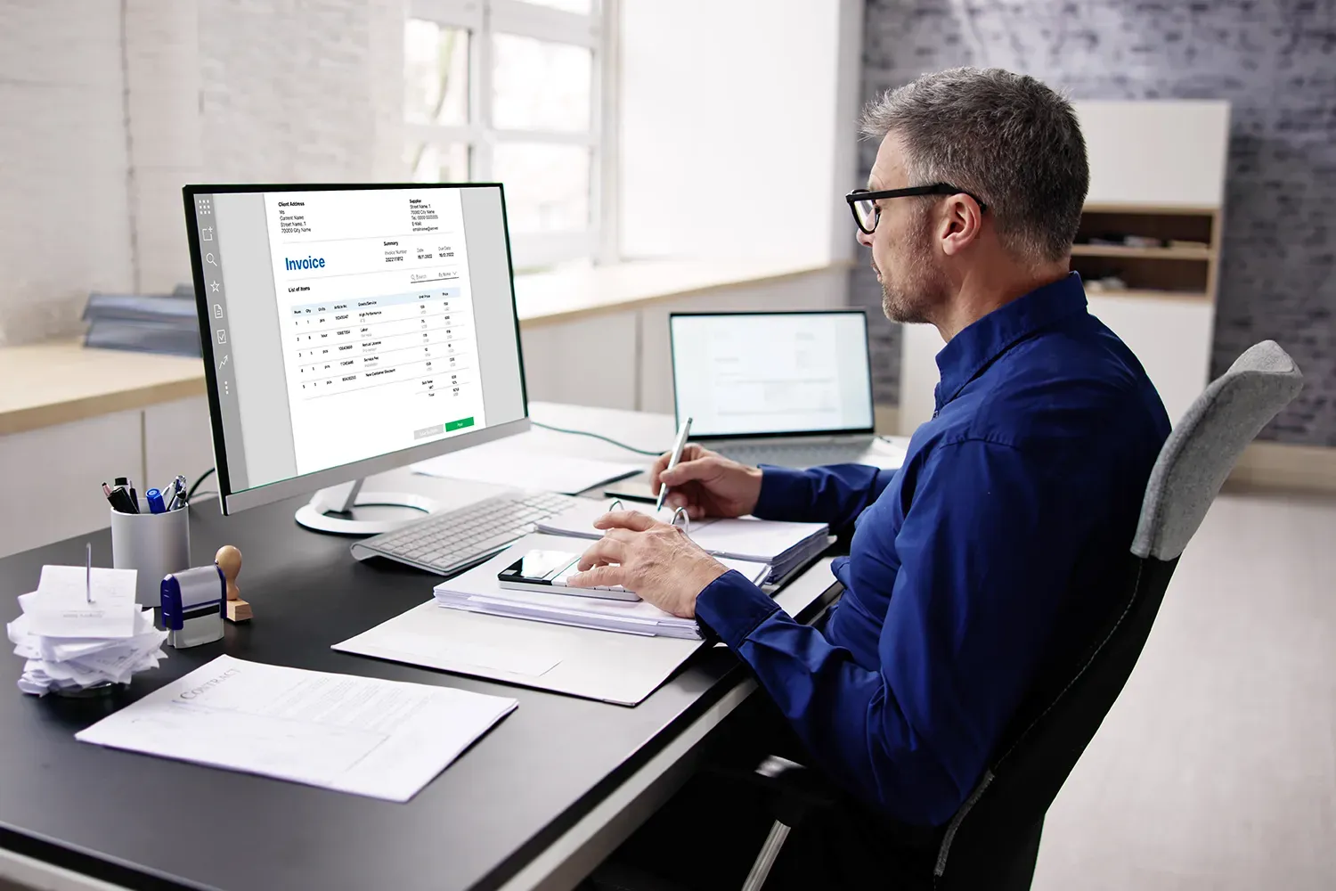 Man looking at invoice on desktop
