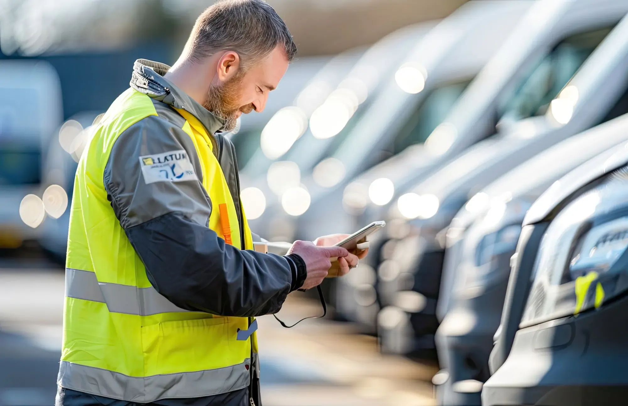 Fleet manager looking at mobile with row of fleets