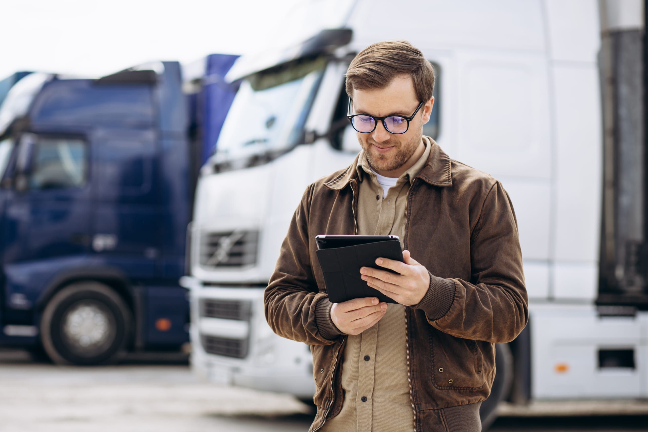 Fleet manager with rows of trucks